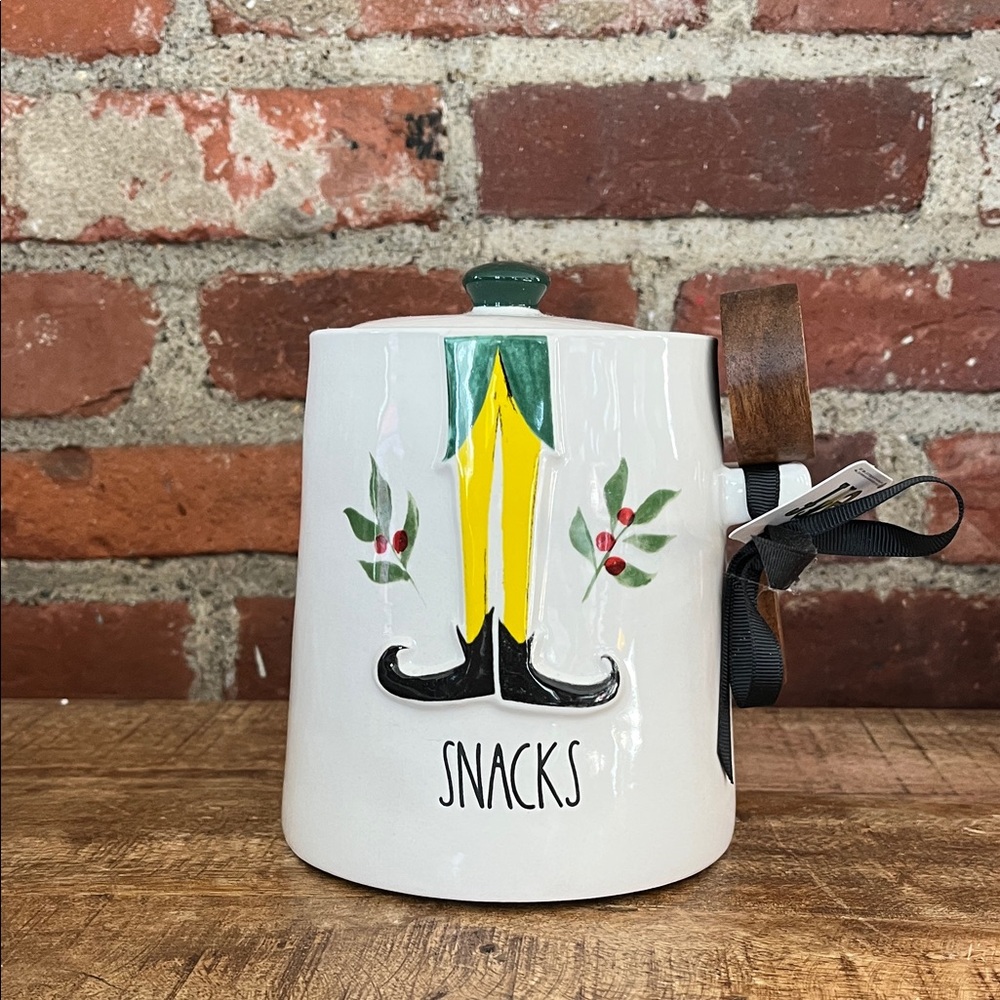 Rae Dunn elf the movie, White and Yellow Holiday Snacks Jar